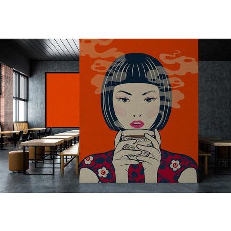 Papier peint panoramique rouge pour salle à manger Tapisserie panoramique japonaise à motif femme Papier peint panoramique moderne orange et noir (1/3)