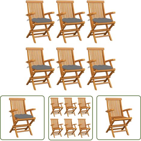 The Living Store Gartenstühle mit Grauen Kissen 6 Stk. Massivholz Teak - Gartenstühle - Teakholz - Outdoormöbel - Gartenmöbel - Balkonmöbel (1/5)