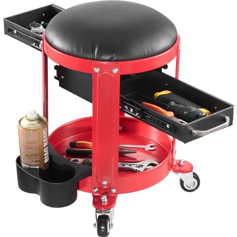 Tabouret d'Atelier sur Roulettes, Tabouret de Mécanicien avec Capacité de Charge Maximale de 136 kg, Siège de Garage Rembourré, avec Plateau à Outils et 2 Tiroirs, pour Entretien Garage (1/5)