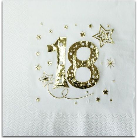 Servilletas de papel para 18º cumpleaños, color blanco y dorado, 33x33cm, 20 unidades.