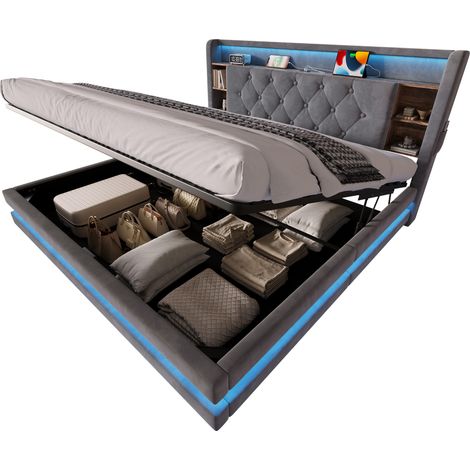 Cama canapé 160 x 200 cm de terciopelo gris oscuro con cabecero LED, USB-C y almacenaje (1/5)