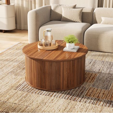 MODFU – Tavolino rotondo 88x88 cm in MDF noce con vano contenitore e piano regolabile, carico 75 kg – Noce (1/5)