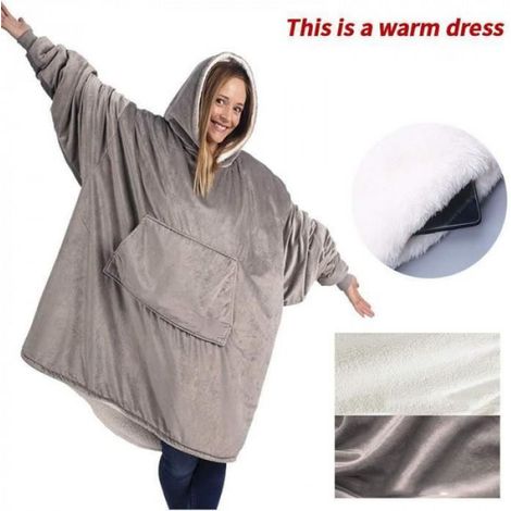 Version Bleu - Hiver En Plein Air À Capuche Poche Couvertures Chaud Doux Robe Inclinée Peignoir Sweat Pull Tv Polaire Couverture (1/4)