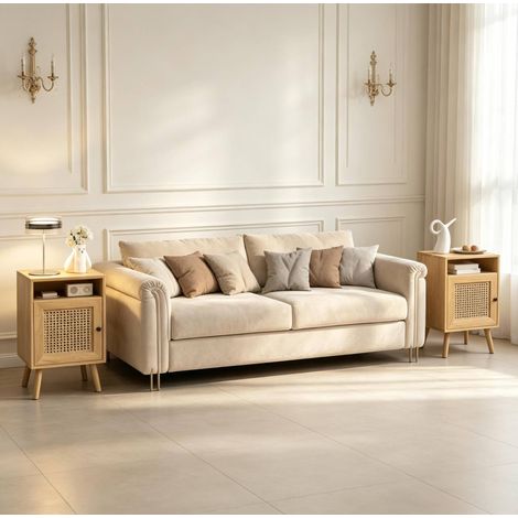 2er-Set Nachttische, Naturfarbe, 39 x 35 x 60 cm, Spanplatte, MDF und Rattan (1/5)