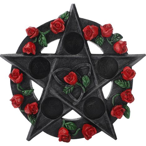 Schwarzer Pentagramm-Lichthalter aus Kunstharz - Kerzenhalter mit Rosenmotiv zur Dekoration und für besondere Anlässe (19 x 19 x 1,5 cm, 700 g) (1/5)