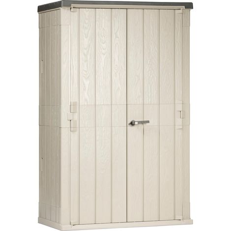Toomax High Stora Way Capanno da 1670L, in plastica resistente effetto legno 130x75,6x206,2h cm, colore grigio talpa/antracite, baule portattrezzi con doppia anta e maniglione, ideale per il giardino