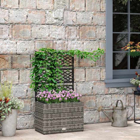 Pot à plantes avec grille pour grimpeurs - 57x30x107 cm - cadre en acier et en rotin PE - massif surélevé avec 2 pots intérieurs - gris (1/4)