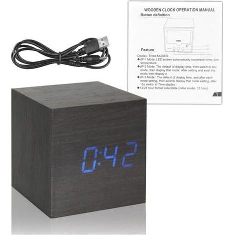 Moderne Cube Bois Conception numérique LED bureau Alarme Calendrier Horloge Thermomètre Minuteur (1/4)