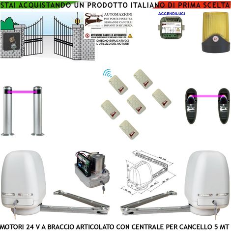 Cancello Elettrico Kit Motori a Braccio Articolato 24 V 2 Ante da 1 a 2,5 MT Centrale 220/24 V Selettore 6 Radiocomandi Faro 2 Fotocellule 2 Paline Accendiluci (1/4)