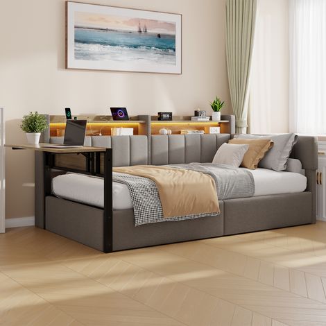 Lit banquette 90 x 200 cm - table rabattable - tables de chevet interchangeables - coffre de rangement hydraulique - port usb - gris (1/5)
