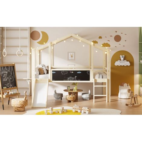 Lit enfant 90x200 cm, design grenier, échelle sécurité, toboggan, tableau graffiti, bois massif, simple, surélevé, bois, chambre enfant. (1/5)