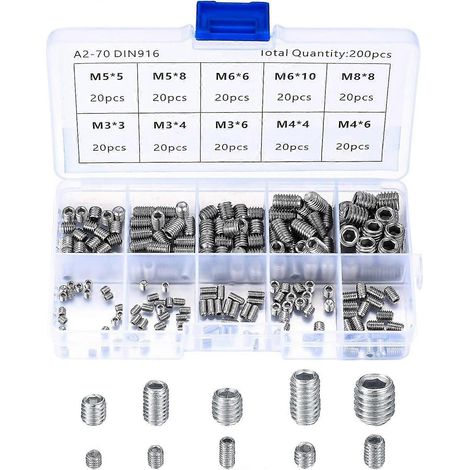 200 vis sans tête en acier inoxydable, vis à métaux M3, M4, M5, M6 et M8, assortiment de vis à aiguilles, VEBTles (1/5)