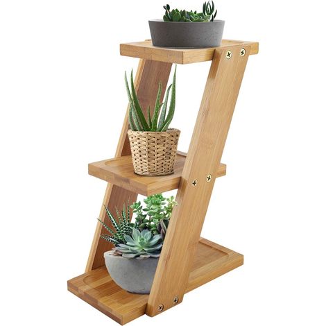 Mini support pots fleurs 3 niveaux bambou – 25x18x9.2cm – décoration escalier fleurs bois (1/5)