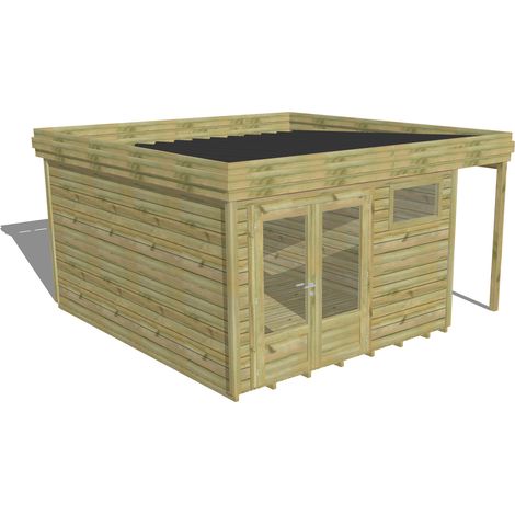 ABRI DE JARDIN bois Pin autoclave 27mm - 4,44x4,34m / 19,3m2 - Bac acier - Plancher bois