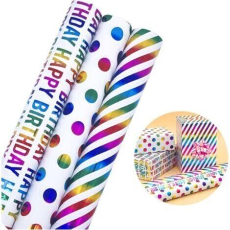3 Rouleaux Coloré Papier Cadeau 43cm x 3M,Papier D'Emballage Multicolores(Point/Diagonale/Happy Birthday) (1/4)