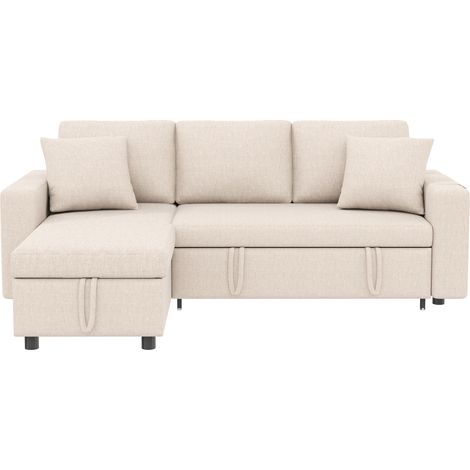 Sofá cama rinconera en L con función cama, arcón y bolsillos laterales, beige (1/5)
