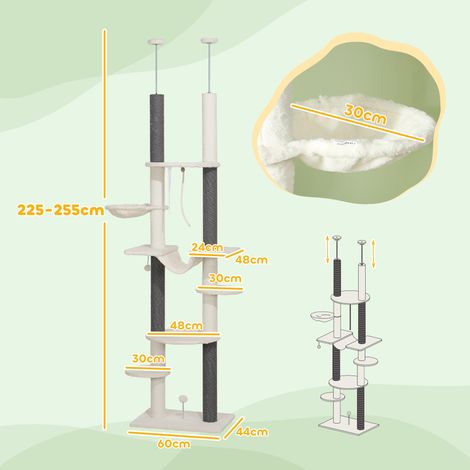 Arbre à chat plafond, griffoir pour chat 225-255 cm, avec hamacs, poteaux à griffer, panier suspendu, balle de jeu, meuble félin antidérapant avec protection anti-bascule, blanc (1/5)