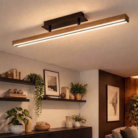 Deckenleuchte Holz Wohnzimmerlampe LED Deckenlampe Holzoptik warmweiss Holzleuchte Memory Funktion, Metall MDF natur schwarz, 1x LED 24W 850Lm 3000K, LxBxH 81,5x7,5x14 cm