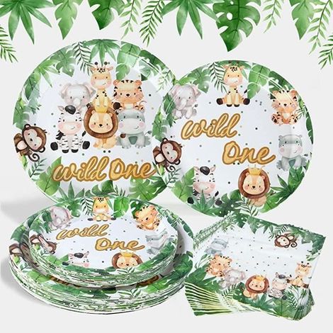 24 pièces vaisselle jetable, assiettes carton jungle, gobelets et serviettes sauvage, thème anniversaire garçon