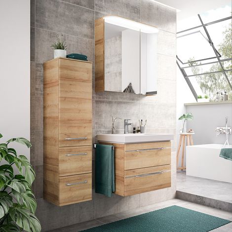 Badezimmer Set, Waschtisch mit Spiegelschrank und Midischrank, LED Beleuchtung, Riviera Eiche quer Nb. BUDVA-66, B/H/T ca. 113/200/44 cm (1/5)