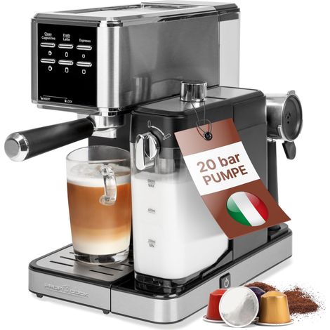 ProfiCook® cafetera espresso 2en1 para café en polvo y cápsulas compatibles Nespresso - máquina portafiltro 20 bar - con sistema de leche para latte y cappuccino- portafiltro para espresso- PC-ES 1266