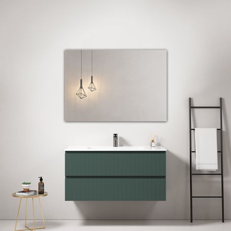Mobile bagno sospeso cannettato 100 cm Verde Comodoro Lavabo in Ceramica Specchio Quadro - Fiji Paint