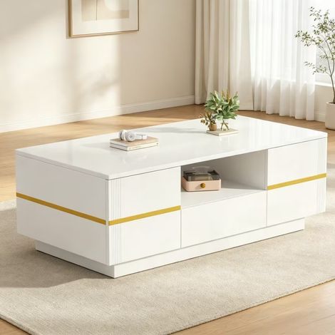 Pour Styles Moderne et Scandinave Table Basse de Salon Blanc Laqué avec Accents Dorés 2 Portes et 1 Tiroir 100x50 cm (1/5)
