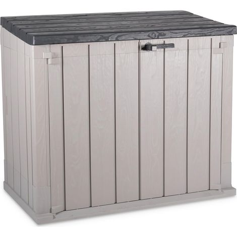 Toomax Storer Plus XL Baule da 1270L portattrezzi giardino, 145x85x124,5h cm, effetto legno grigio talpa/antracite, porta bidoni spazzatura con coperchio assistito, resistente ai raggi UV, per esterni