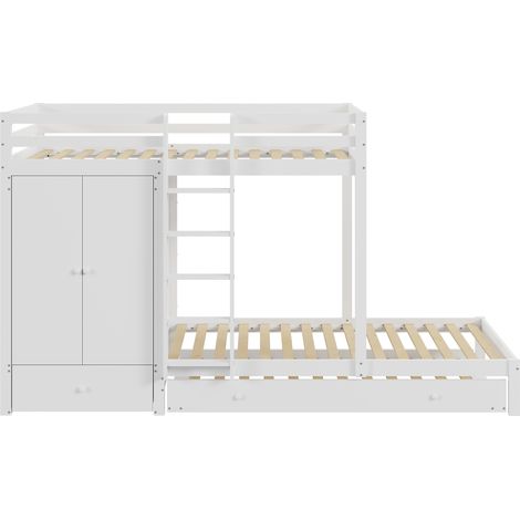 Lit superposé en bois massif avec lit gigogne, armoire et tiroirs. Lit enfant 90x200 blanc multifonction pour gain de place. (1/5)