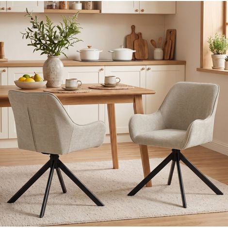 Juego de 2 sillas de comedor giratorias 360° con reposabrazos y estructura metálica, tapizado beige (1/5)