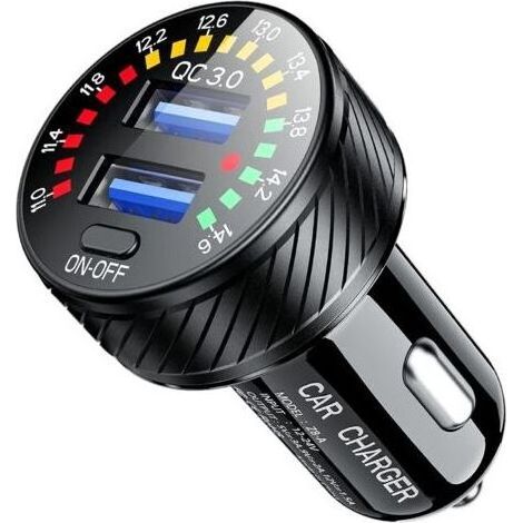 Adaptateur allume-cigare USB QC3.0, chargeur de voiture avec voyant LED, interrupteur marche/arrêt, charge rapide, double port 36 W/3 A pour téléphone, appareil photo et plus encore. (1/3)
