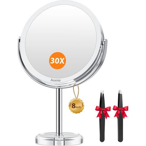 Miroir Maquillage Double Face Grossissant 1X/30X, Diamètre 20cm Miroir de table sur pied plus grand rotation à 360°, pivote à deux côtés pour chambre salle de Bain, pince à épiler incluse (1/5)