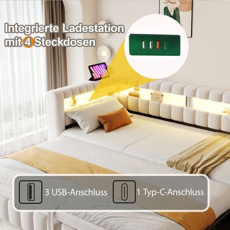 Lit capitonné convertible 90x200 cm, canapé-lit avec éclairage LED, tête de lit large, dossier spacieux, rayures classiques, port USB, velours beige, réf. LDU00422AAA (1/5)