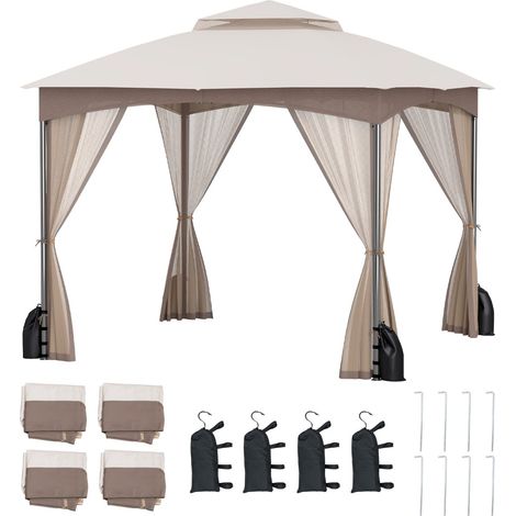 Tetto morbido a doppio strato con 4 sacchi di sabbia con cerniera, Gazebo da patio 3x3 M con pareti in rete Sabbia (1/4)