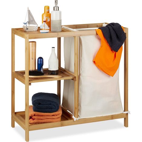 Estante de bano con cesto de ropa de bambu