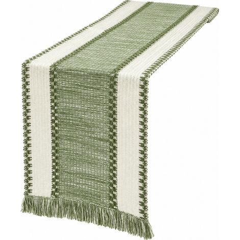 Chemin de table rétro japonais, en coton et lin tissé à rayures, motif Noël, 30 cm de large (la largeur dépend de la couleur) x longueur 240 cm (pompons inclus) - Jane Eyre - vert (30 cm de large) (1/4)