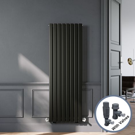 ELEGANT Designer Black Single Panel Vertical Radiator 1600 x 544mm with Anthracite Angled Thermostatic Radiator Valves (1/5)