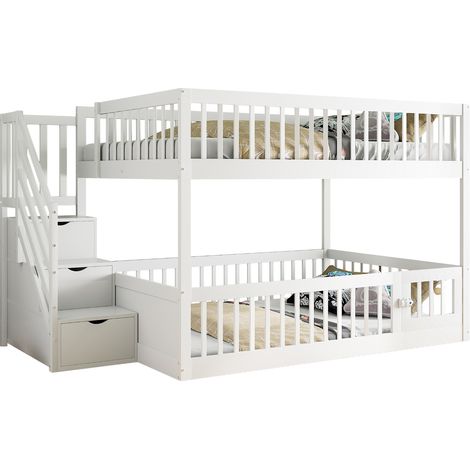 Lit superposé en bois massif blanc 140x200 cm avec escalier de rangement et barrières de sécurité (1/5)