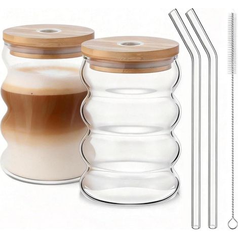 Verres à Latte Macchiato lot de 2 480ml avec paille en verre & couvercle en bambou