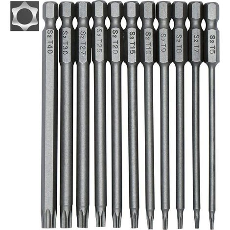 Jeu de 11 embouts de tournevis Torx longs, magnétiques - tige hexagonale 1/4" - tailles T6 à T40 - longueur 100 mm (1/5)