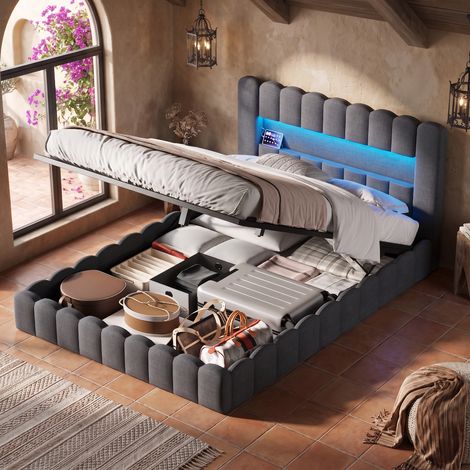 JOOKGBD‑Cama almacenamiento 180x200cm, cama doble de tejido lino gris, diseño tronco, iluminación LED RGB, base para colchón empotrado, sin colchón incluido, dormitorio moderno (1/5)