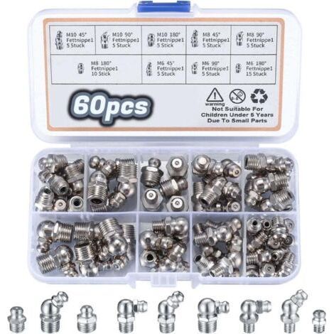 PA AIPERQ 60 Pièces Assortiment de Graisseurs, Filetés de Graissage, M6 M8 M10 Raccords de Graisse, Raccords Filetage Mâle Graisseurs droit/45°/90° pour Équipement Mécanique graisseur a Visse (1/4)