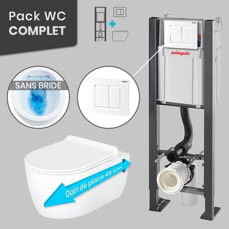 Pack WC Bâti universel Wirquin Pro + Cuvette COMPACT sans bride 49 cm + Plaque blanche (1/5)