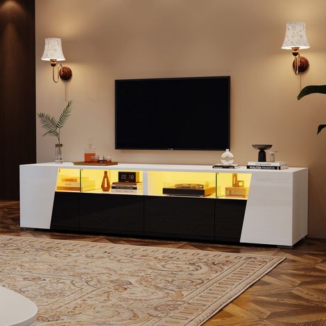 Meuble tv 180x38.5x45cm avec LED, 2 tiroirs, 2 placards, niches ouvertes, blanc et noir (1/5)