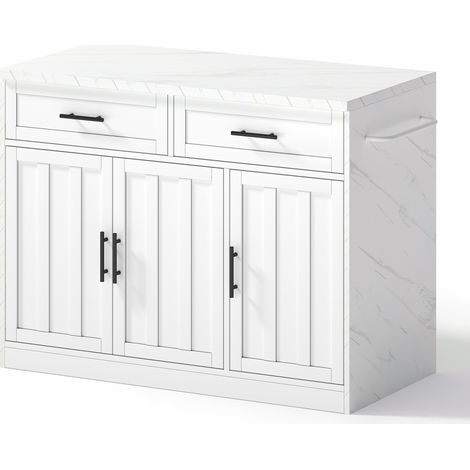Îlot de cuisine 120 x 60 x 91 cm avec prises, ports USB, câble d’alimentation de 1,5 m, étagères réglables, poignées métalliques, porte-serviettes, espace bar, adapté aux appartements, cuisines et esp (1/5)