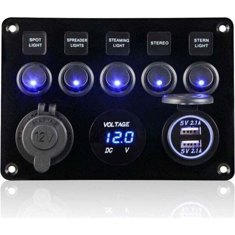 5 Gang Panneau de Interrupteur à Bascule 12V/24V Étanche IP65 Panneau de Commutateur avec Chargeur Double USB Voltmètre Numérique pour Voiture Bateau Camion RV Marine Camping-car