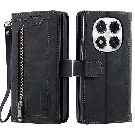 Étui pour téléphone portable compatible avec Xiaomi Redmi Note 14 Pro 5G, Poco X7 5G - Étui portefeuille en cuir avec fermeture éclair - Noir parfait - Max (1/5)