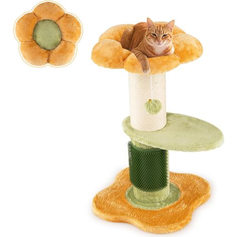 COSTWAY Petit Arbre à Chat Fleur 69 cm, 2 Plateformes, Ø13 cm Poteau à Griffer en Sisal, Brosse d'Toilettage, Arbre a Chat Design à 3 Niveaux, Pompon Suspendu, Tissu Peluche, 40 x 40 x 69 cm (Jaune) (1/5)
