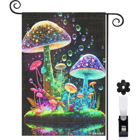 Drapeau de jardin bienvenue 30 x 45 cm motif champignons lumineux et décor naturel toile double face (1/5)