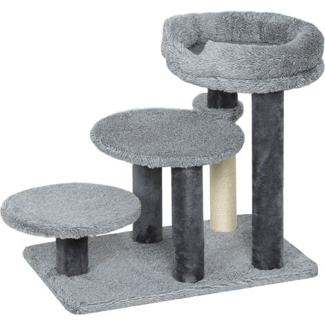 Arbre à chat et escalier pour chat, base large, tissu peluche, griffoir en sisal, gris (1/5)